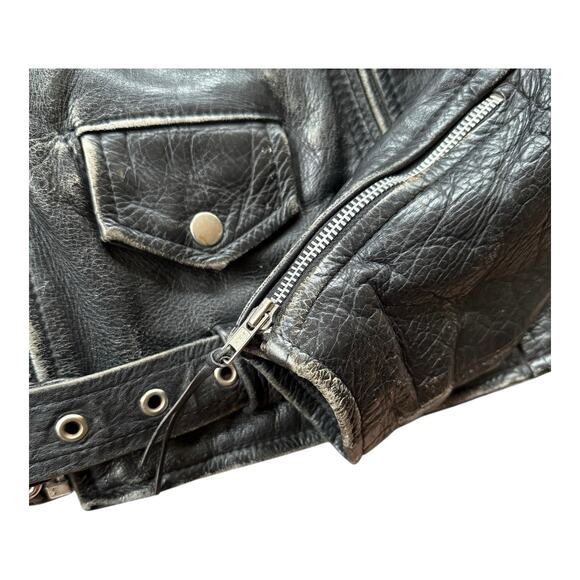 Vintage Perfectly Worn Black Leather Belted Motorcycle Jacket Men’s Large - Picture 6 of 10